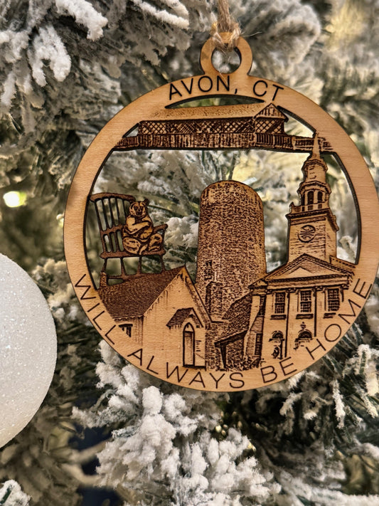 Avon, CT wood Christmas ornament featuring Avon Old Farms, Pine Groove School house, Countryside park, Avon village and Avon landmarks — handcrafted Connecticut hometown keepsake