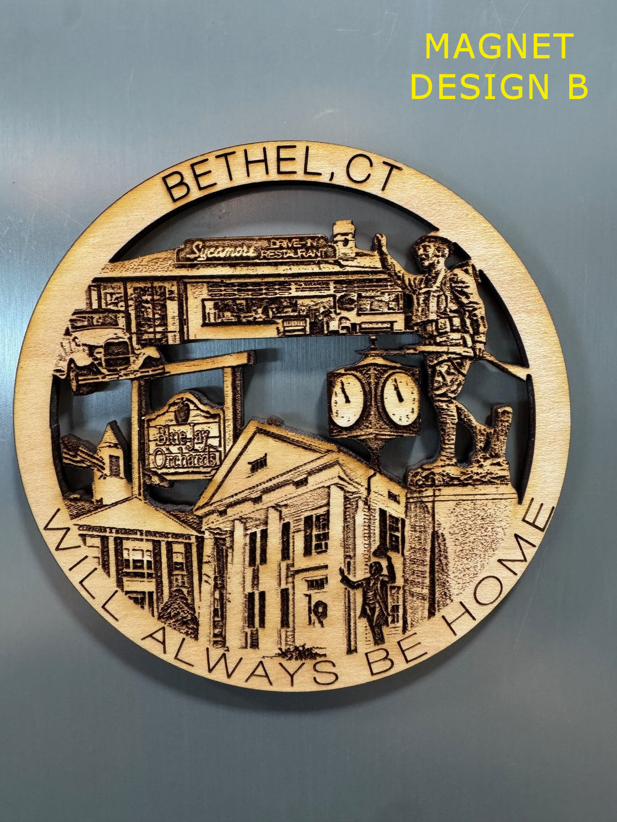 Bethel, CT wooden refrigerator magnet, design B, featuring engraved local landmarks.