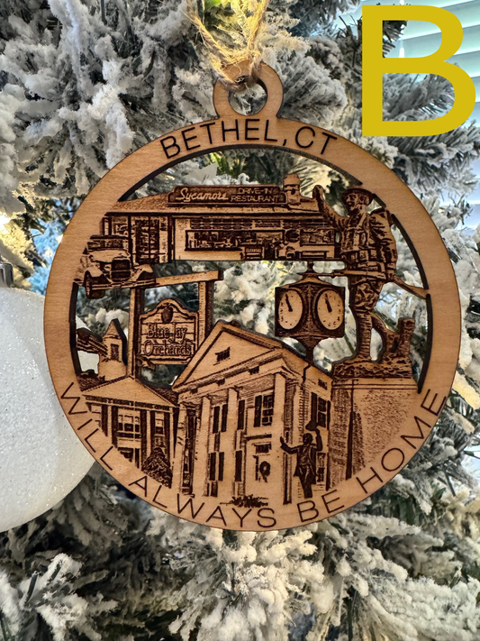 Bethel, CT wooden hometown ornament, design B, featuring engraved local landmarks.