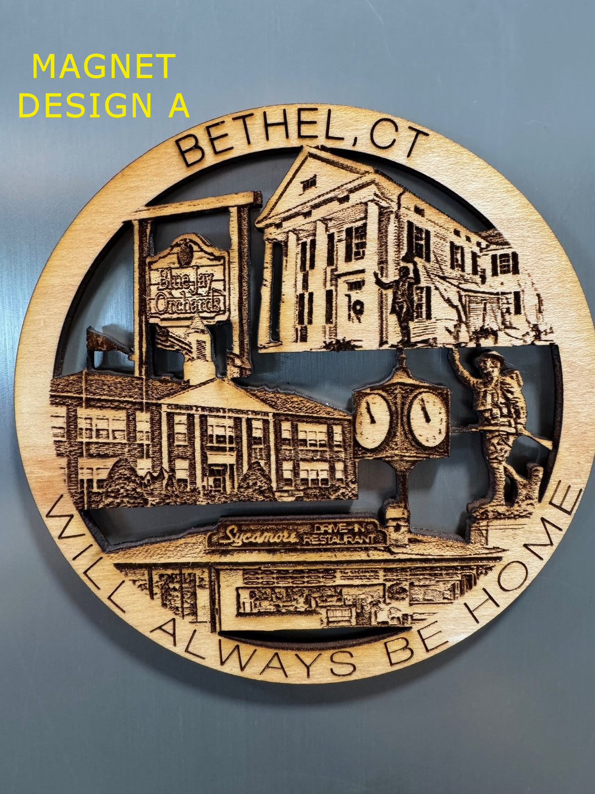  Bethel, CT wooden refrigerator magnet, design A, featuring engraved local landmarks.