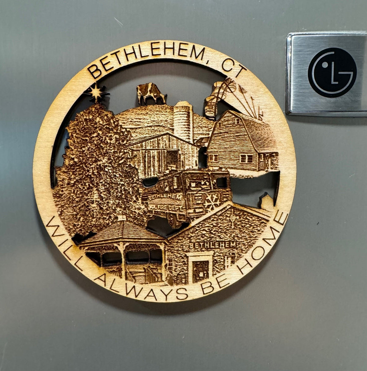 Bethlehem, CT wood magnet featuring Bethlehem Fair and Bethlehem landmarks — Connecticut gift and keepsake