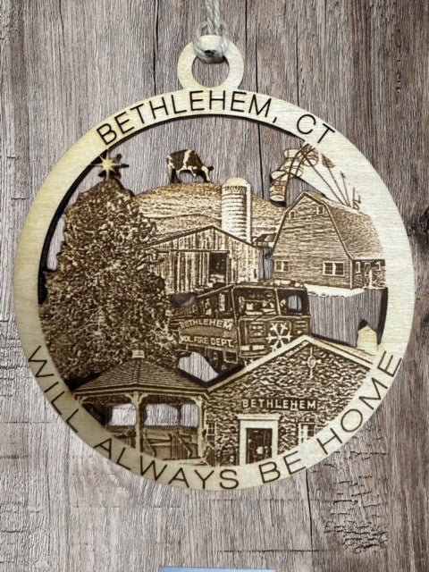 Bethlehem, CT maple wood Christmas ornament featuring March Farm,  Bethlehem Fair landmarks — handcrafted Connecticut hometown keepsake