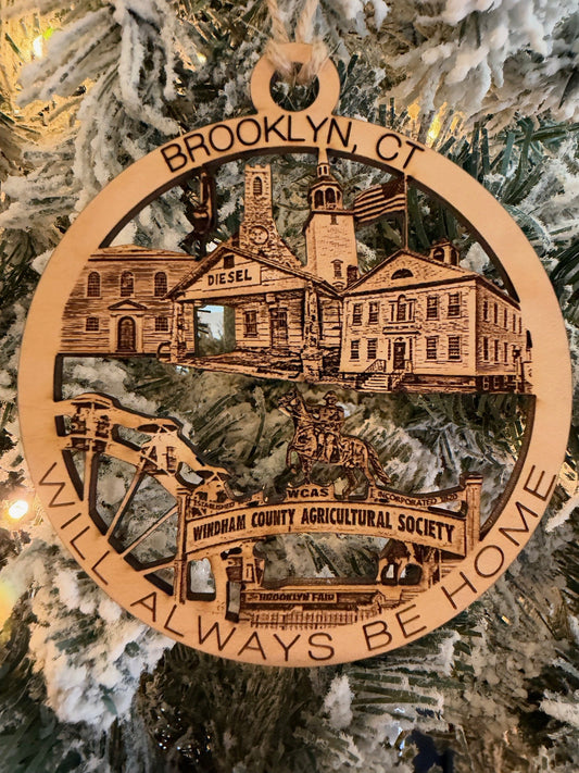 Brooklyn, CT ornament features Brooklyn Fair Grounds entrance sign, Town Hall and flag pole, Old Trinity Church and new, The old service station on route 169..