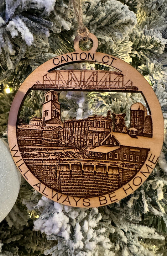 Canton, CT maple wood Christmas ornament featuring Collinsville and Canton landmarks, Ax Co, Cherry Brook Farm, Nepaug reservoir damn, Silo from Perry's dairy, The First Congregational Church Canton Center — handcrafted Connecticut hometown keepsake