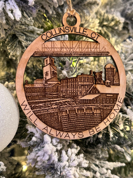 Collinsville, CT maple wood Christmas ornament featuring Collinsville and Canton landmarks, Ax Co, Cherry Brook Farm, Nepaug reservoir damn, Silo from Perry's dairy, The First Congregational Church Canton Center — handcrafted Connecticut hometown keepsake