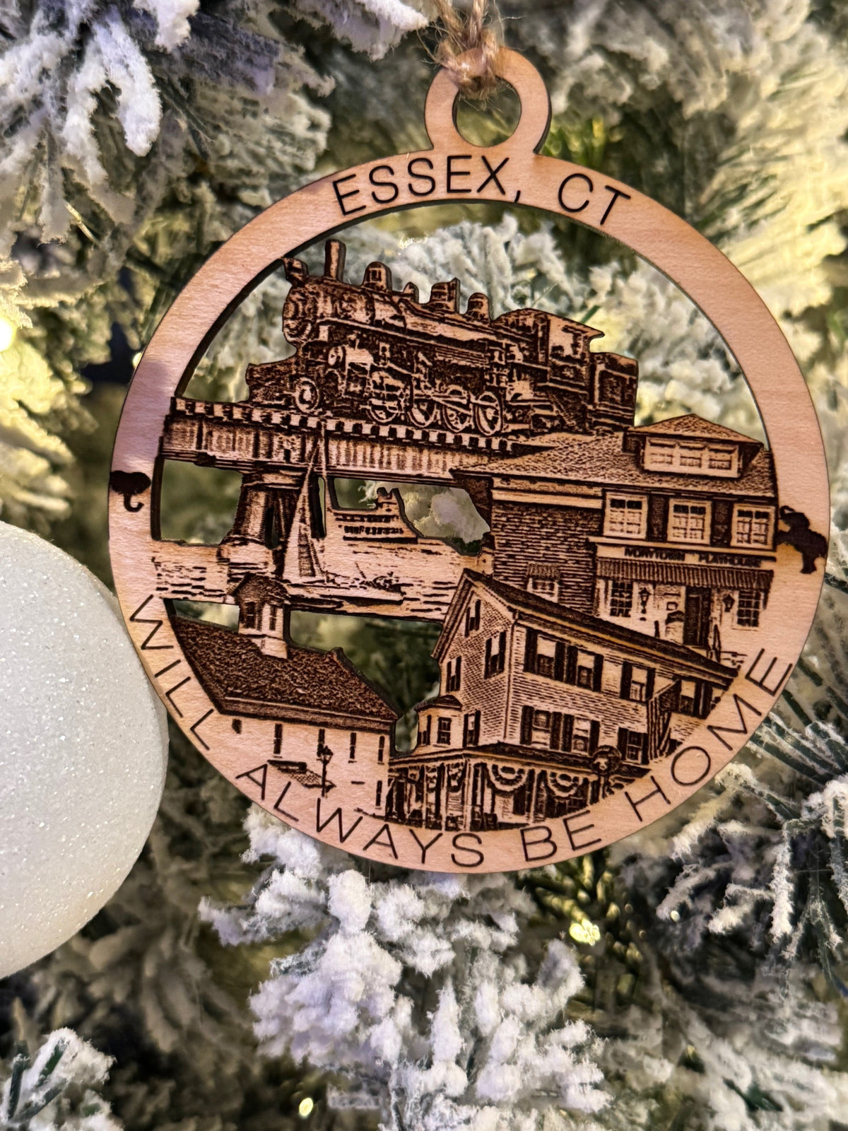 Essex, CT maple wood Christmas ornament featuring the Connecticut River Museum and Essex Steam Train, Griswold Inn, Ivoryton Playhouse — handcrafted Connecticut hometown keepsake