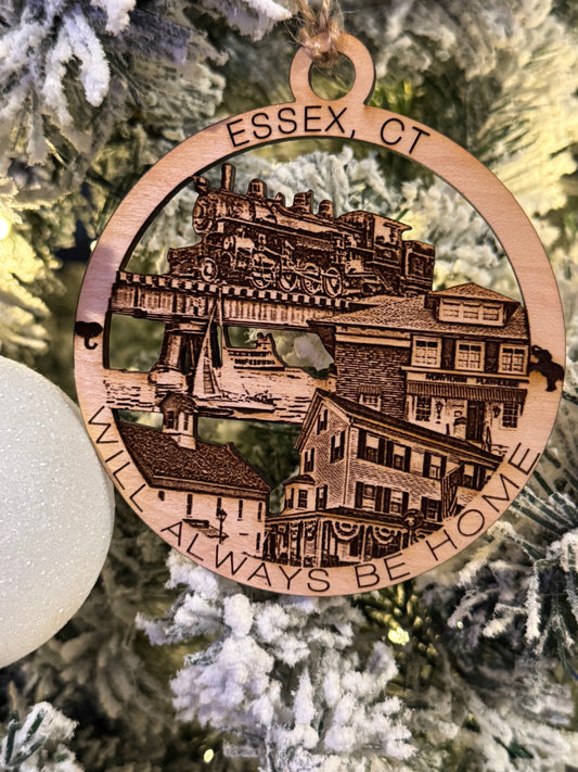 Essex, CT maple wood Christmas ornament featuring the Connecticut River Museum and Essex Steam Train, Griswold Inn, Ivoryton Playhouse — handcrafted Connecticut hometown keepsake