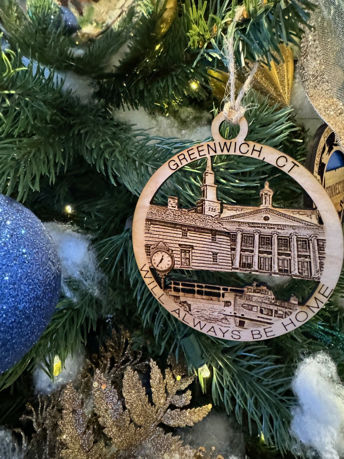 Greenwich, CT wood Christmas ornament featuring Greenwich landmarks, Putnam House, point bridge, Island beach ferry — handcrafted Connecticut hometown keepsake