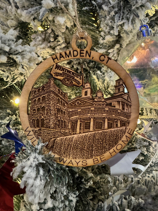 Hamden, CT wood Christmas ornament featuring Hamden High School, Mount Carmel Congregational Church, Wentworth Ice Cream, Tower from Sleeping Giant state park and Lake Whitney Damn and Hamden landmarks — handcrafted Connecticut hometown keepsake