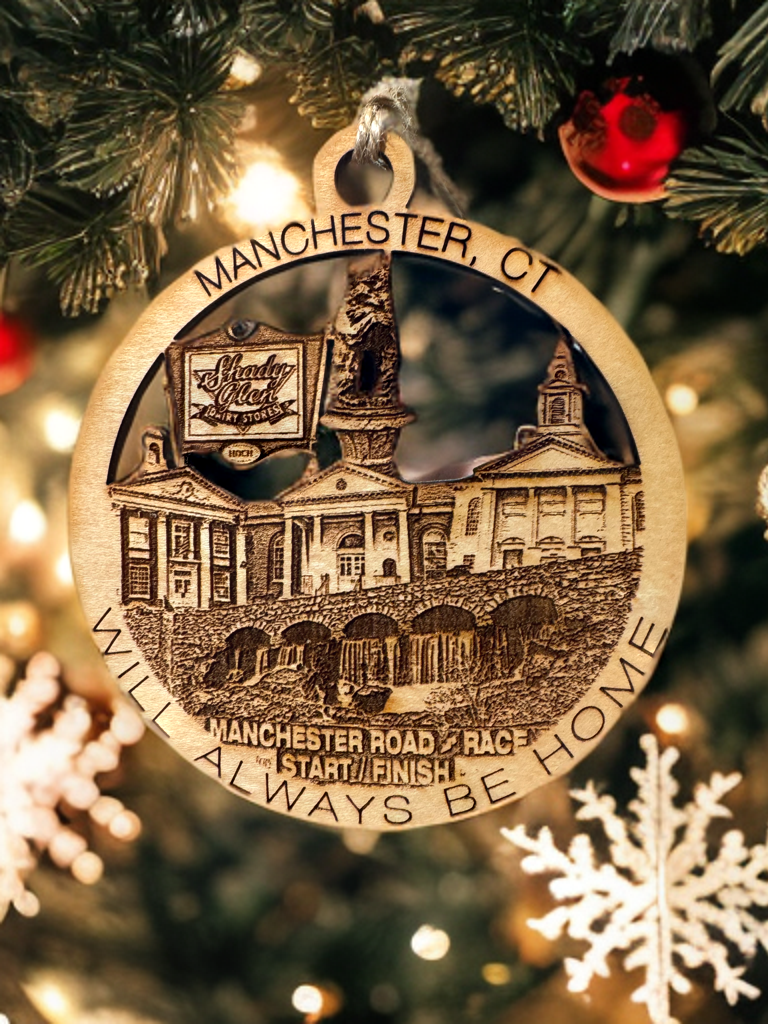 Manchester, CT maple wood Christmas ornament design featuring Bear Fountain, Center Congregational Church, Case Mountain falls, Shady Glen's — handcrafted Connecticut hometown keepsake