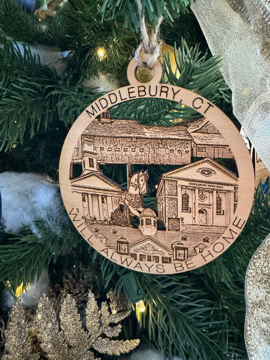 Middlebury, CT wood Christmas ornament featuring Fenn's Farm, Westover, Quassy Amusement park Middlebury landmarks — handcrafted Connecticut hometown keepsake