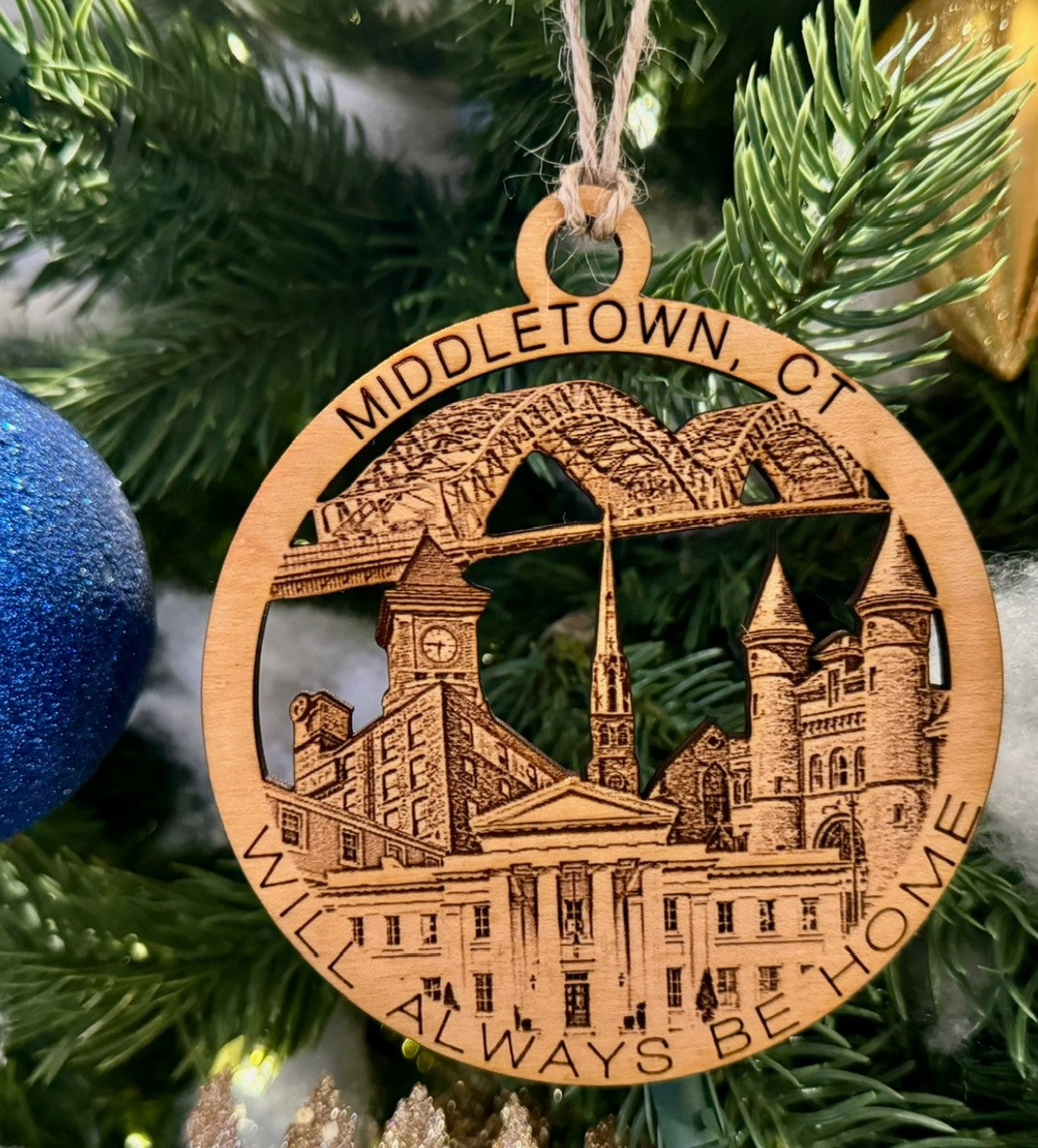 Middletown, CT wood Christmas ornament featuring Wesleyan University and Arrigoni bridge, Wadsworth Mansion and Bunce building Middletown landmarks — handcrafted Connecticut hometown keepsake