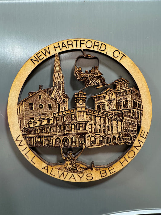 New Hartford, CT wooden refrigerator magnet featuring historic buildings, a ski lift, and a farmington river tuber.