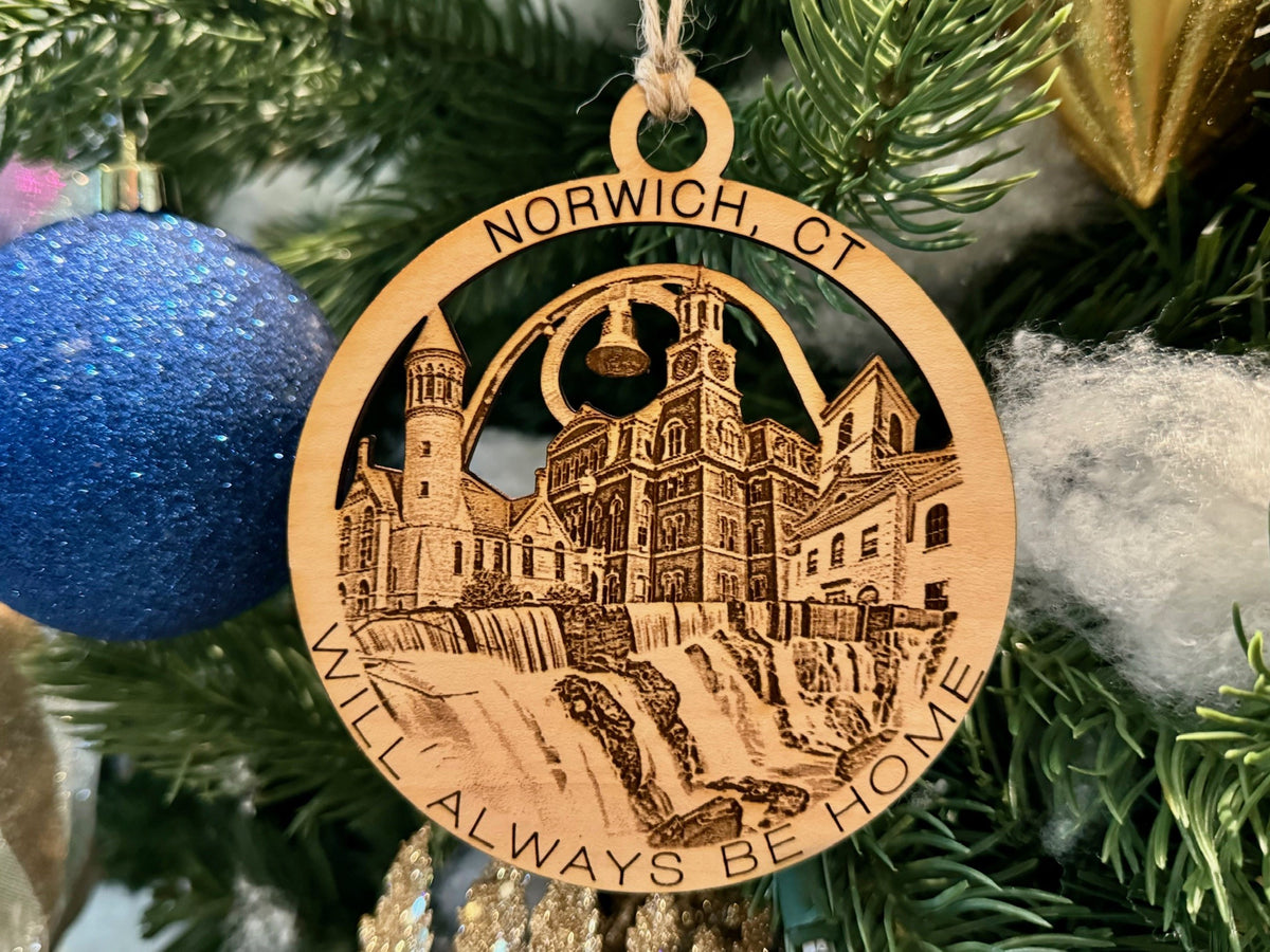 Norwich, CT maple wood Christmas ornament featuring Indian Leap, Ruggles Bell, Slater Memorial-Museum, and Norwich landmarks — handcrafted Connecticut hometown keepsake