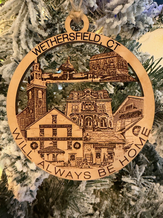Wethersfield, CT ornament features  The Cove, First Church, Heirloom Market, The Creamery, The B&B on the green and the red onion mascot walking on the dock.