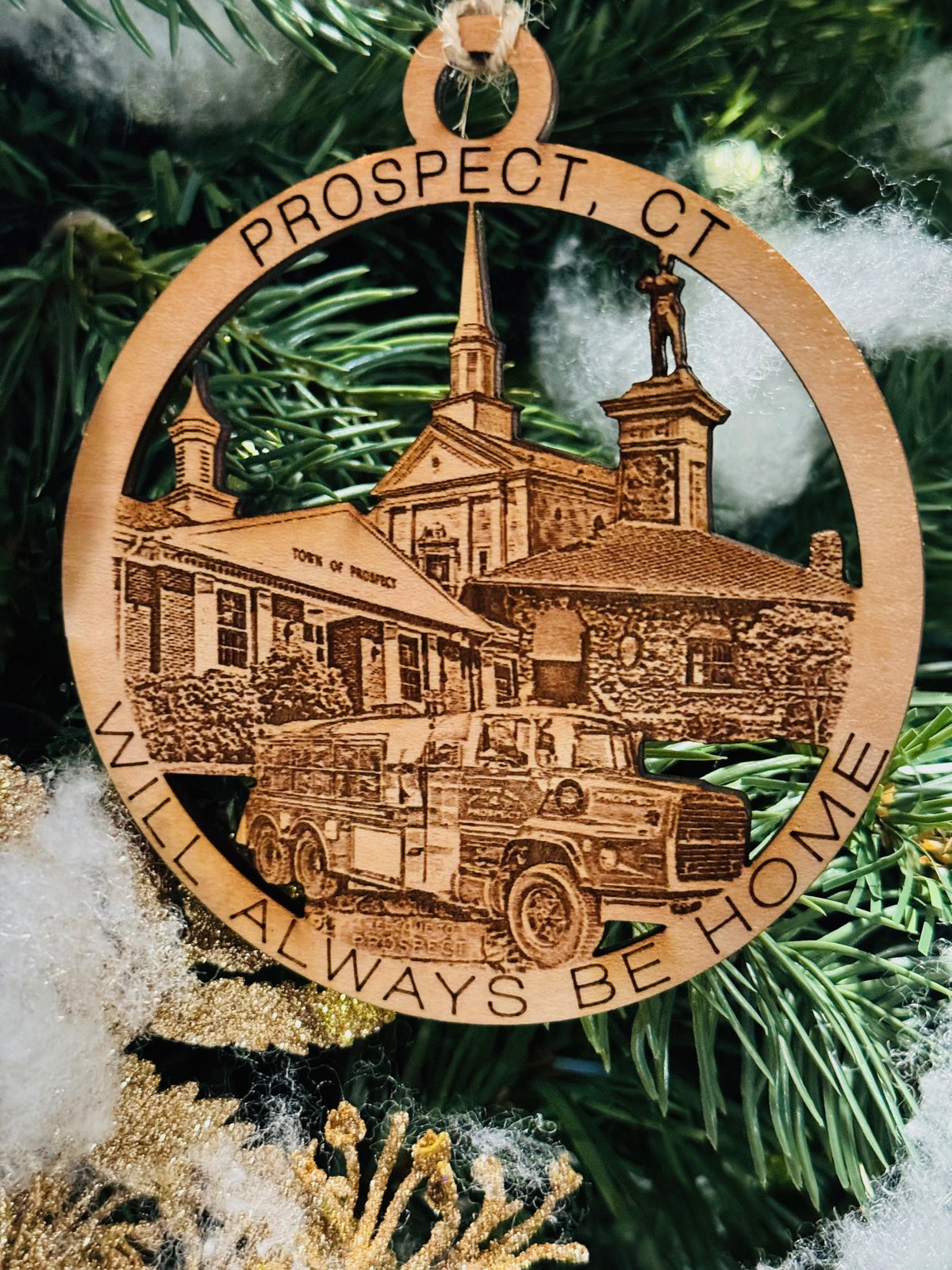 Prospect, CT maple wood Christmas ornament featuring Prospect landmarks — handcrafted Connecticut hometown keepsake