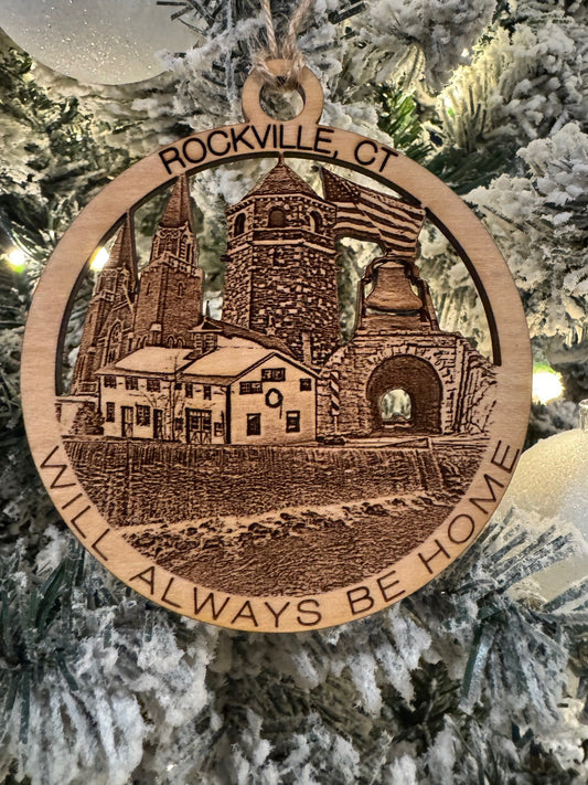 Rockville, CT Christmas ornament featuring a stone tower, American flag, church, bell, and stone tunnel.