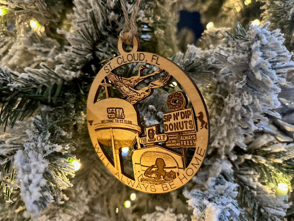 St. Cloud, FL Christmas ornament, design A, featuring the cup diner and sip n' dip donuts