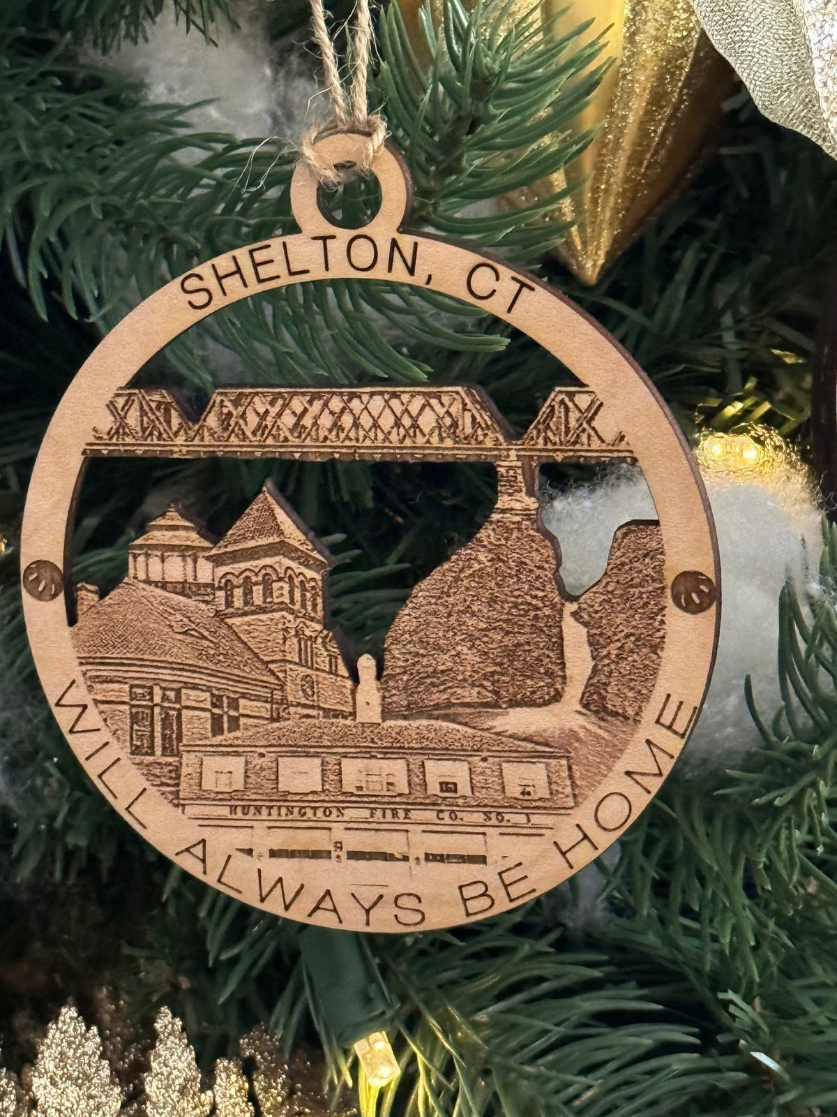 Shelton, CT wood Christmas ornament featuring Huntington fire house and Shelton train rail bridge and Shelton landmarks — handcrafted Connecticut hometown keepsake