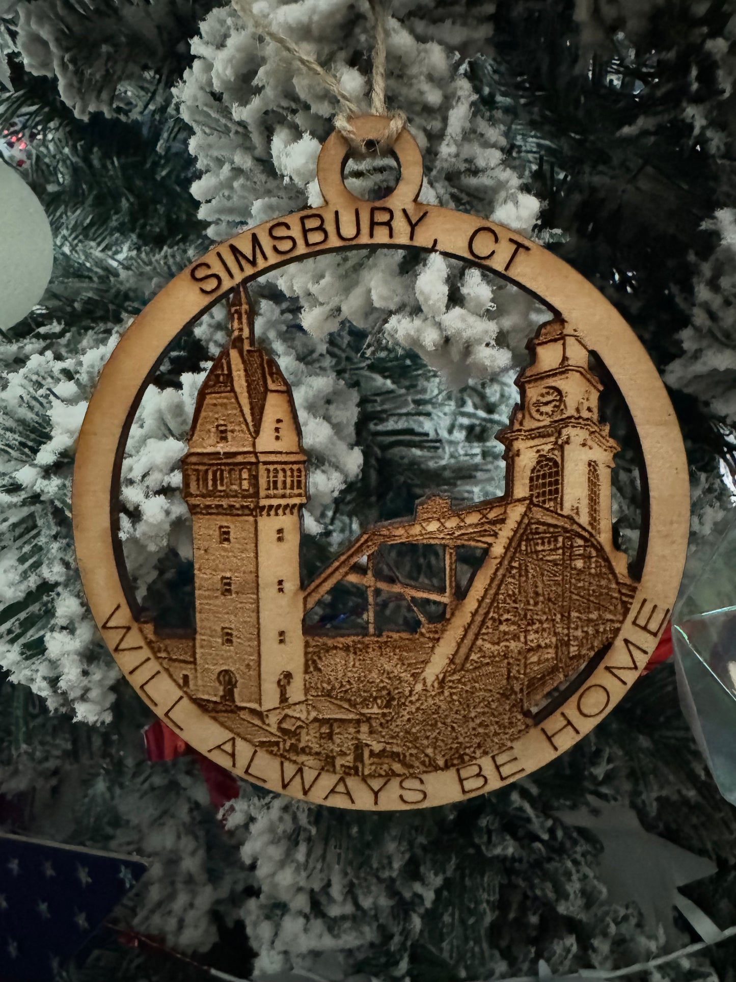 Simsbury, CT maple wood Christmas ornament featuring Simsbury landmarks — handcrafted Connecticut hometown keepsake