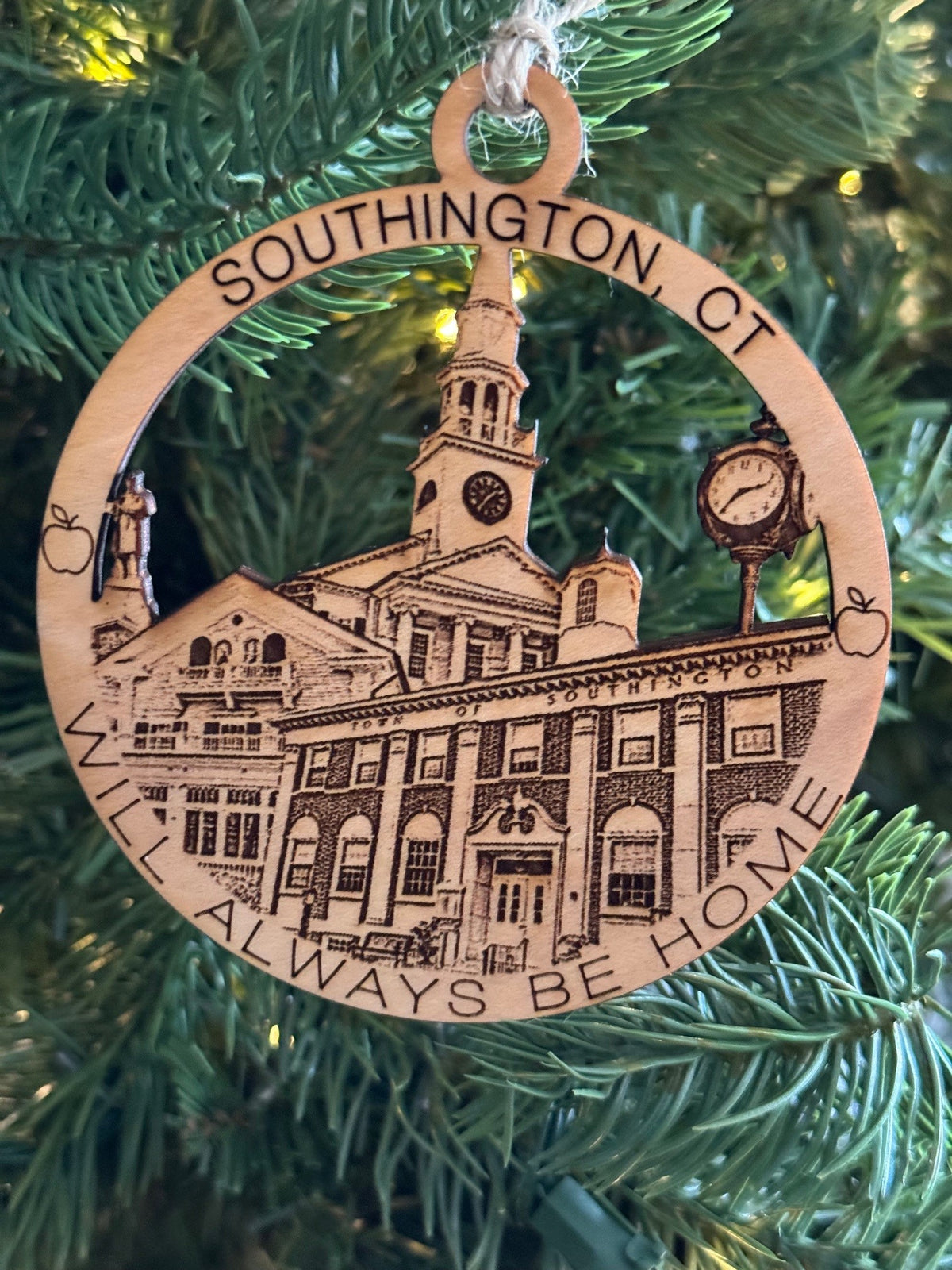 Southington, CT maple wood Christmas ornament featuring Southington landmarks, Barnes Museum, Southington Apple Fair — handcrafted Connecticut hometown keepsake