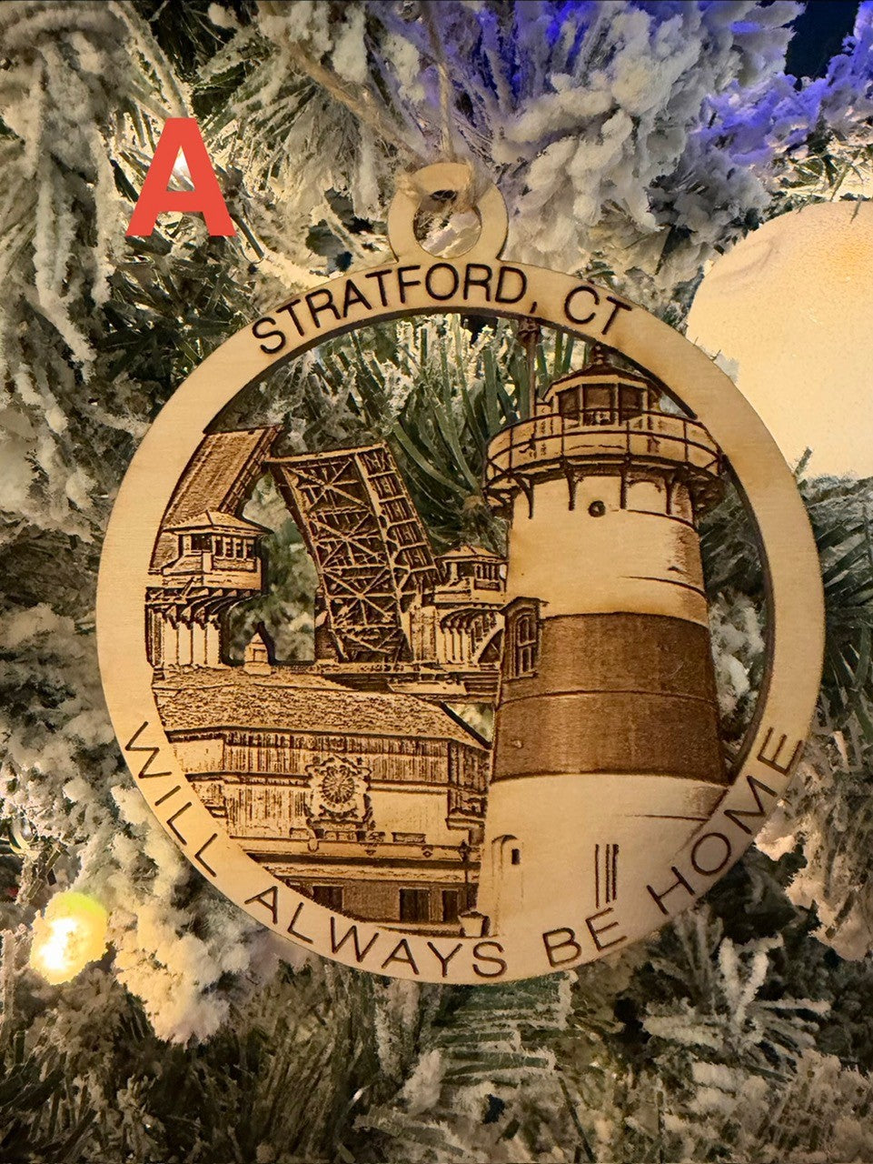 Startford, CT ornament featuring the lighthouse and  Shakespeare theatre 