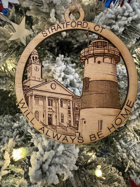 Stratford, CT maple wood Christmas ornament featuring Shakespeare Theatre and Stratford landmarks — handcrafted Connecticut hometown keepsake