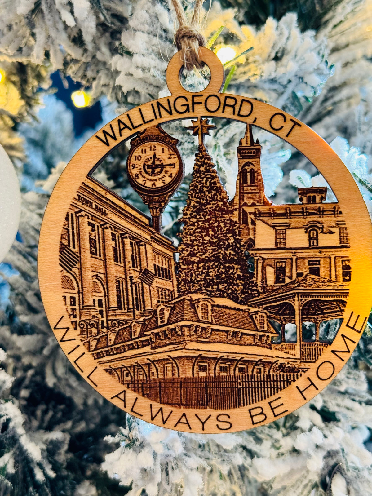 Wallingford, CT wood Christmas ornament featuring Wallingford landmarks — handcrafted Connecticut hometown keepsake