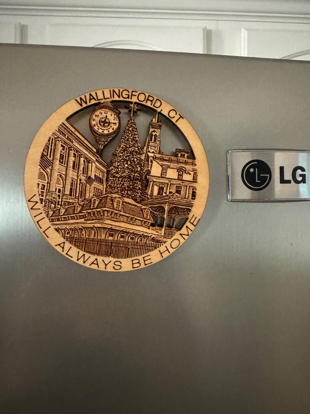 Wallingford, CT maple wood magnet featuring hometown landmarks — Connecticut gift and keepsake