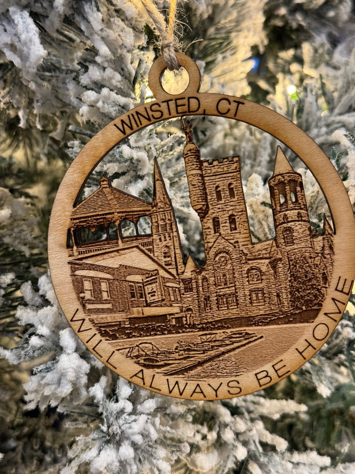 Winsted, CT maple wood Christmas ornament featuring Gilson theatre, Highland lake marina, handcrafted Connecticut hometown keepsake