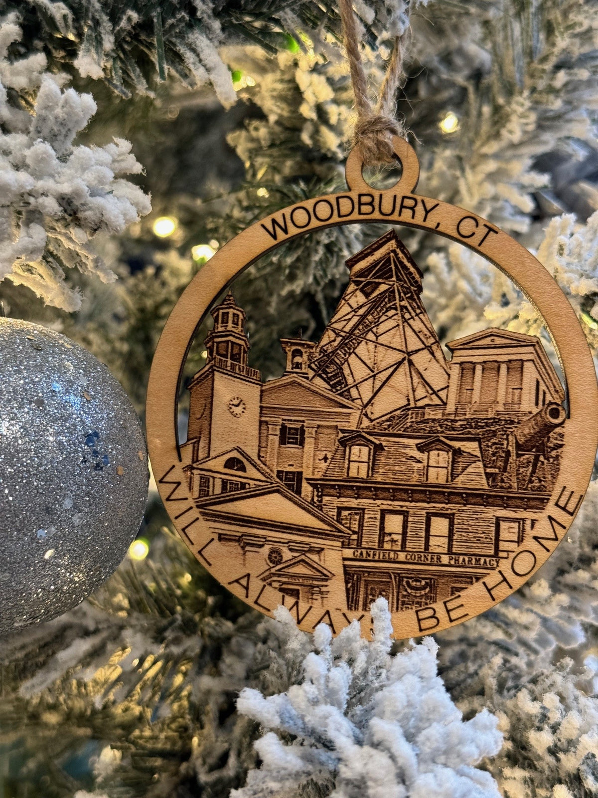 Woodbury, CT wood Christmas ornament featuring  Canfield Corner, North Church, Orenaug Tower King Solomon's Lodge No. 7 — handcrafted Connecticut hometown keepsake