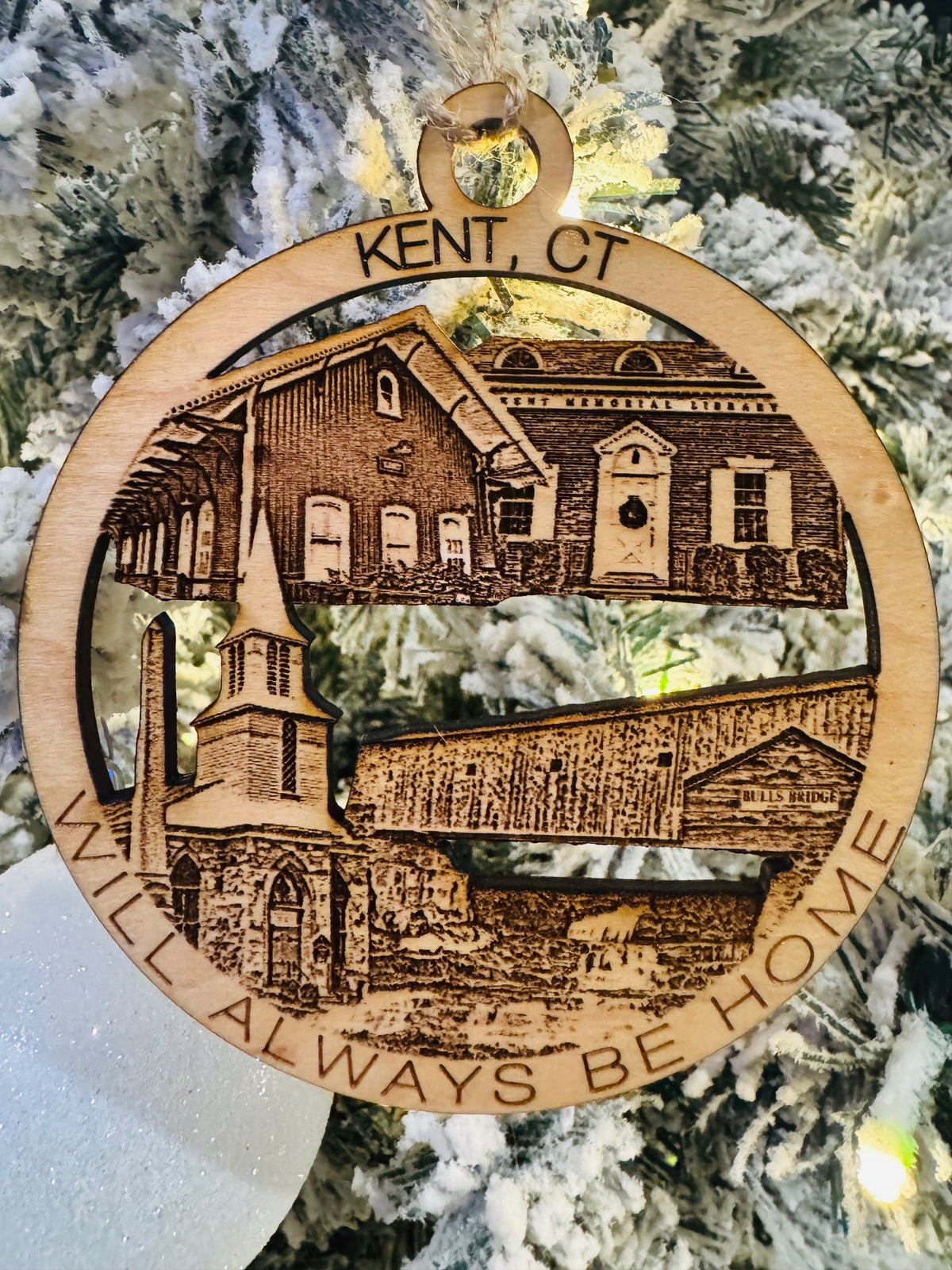 Kent, CT Christmas ornament featuring Bulls Bridge, a church, historic buildings, and a waterfall.