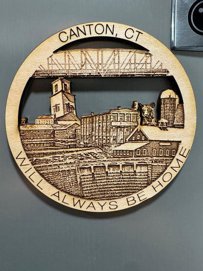 Canton, CT maple wood magnet featuring hometown landmarks — Connecticut gift and keepsake
