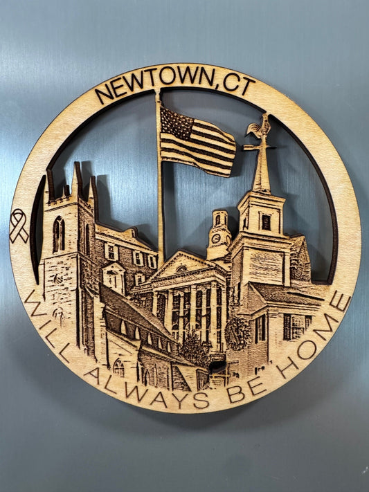 Newtown, CT refrigerator magnet featuring an American flag, historic buildings, and a remembrance ribbon