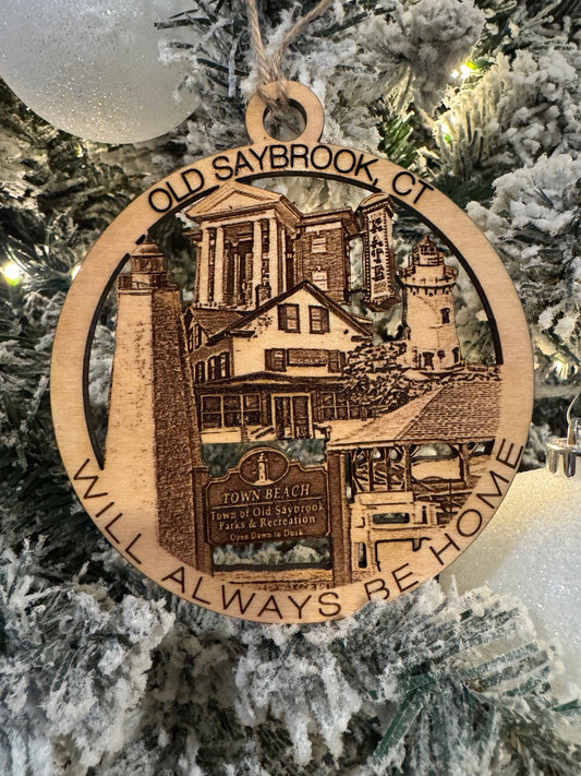 Old Saybrook, CT Christmas ornament featuring two lighthouses, local buildings, a gazebo, and Town Beach sign