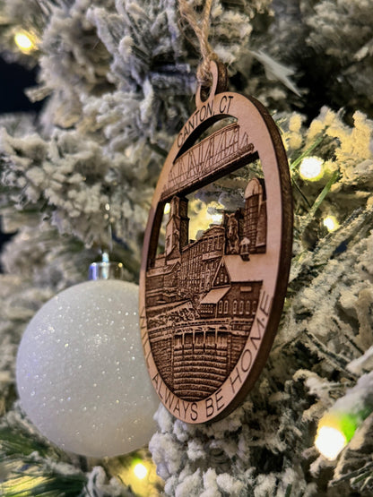 Canton, CT Always Home ornament side view — handcrafted maple wood keepsake gift