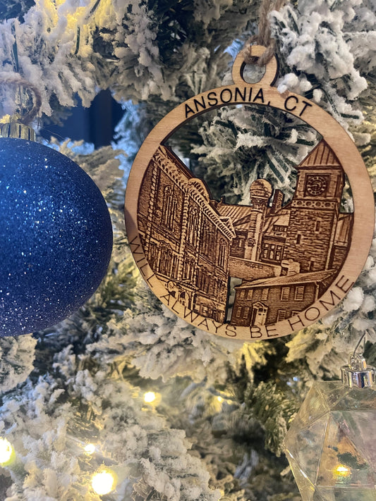 Ansonia, CT maple wood Christmas ornament featuring Ansonia landmarks — handcrafted Connecticut hometown keepsake