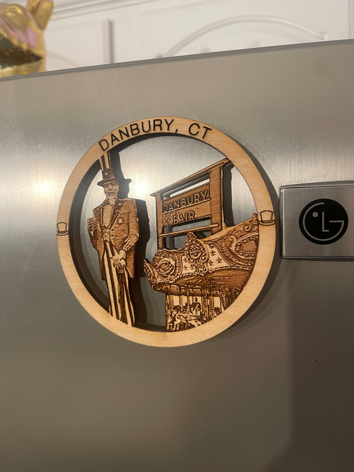 Danbury, CT wood magnet featuring uncle sam and danbury fair— Connecticut gift and keepsake