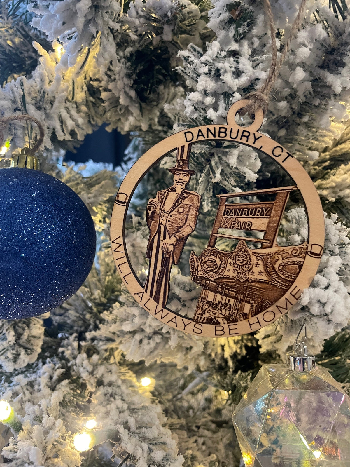 Danbury, CT wood Christmas ornament featuring the Danbury Railway Museum and Danbury Fair — handcrafted Connecticut hometown keepsake