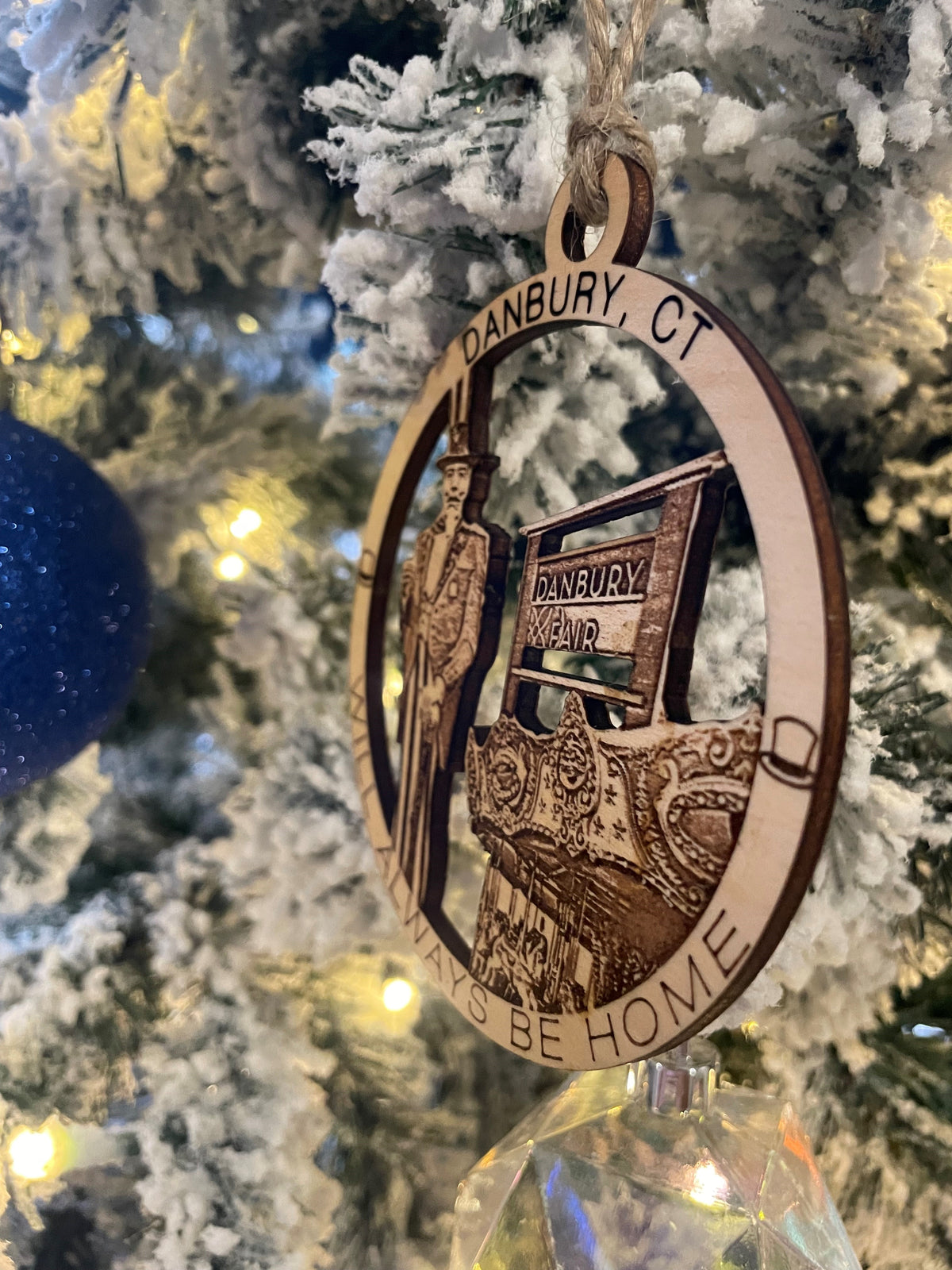 Danbury, CT Always Home ornament side view — handcrafted maple wood keepsake gift