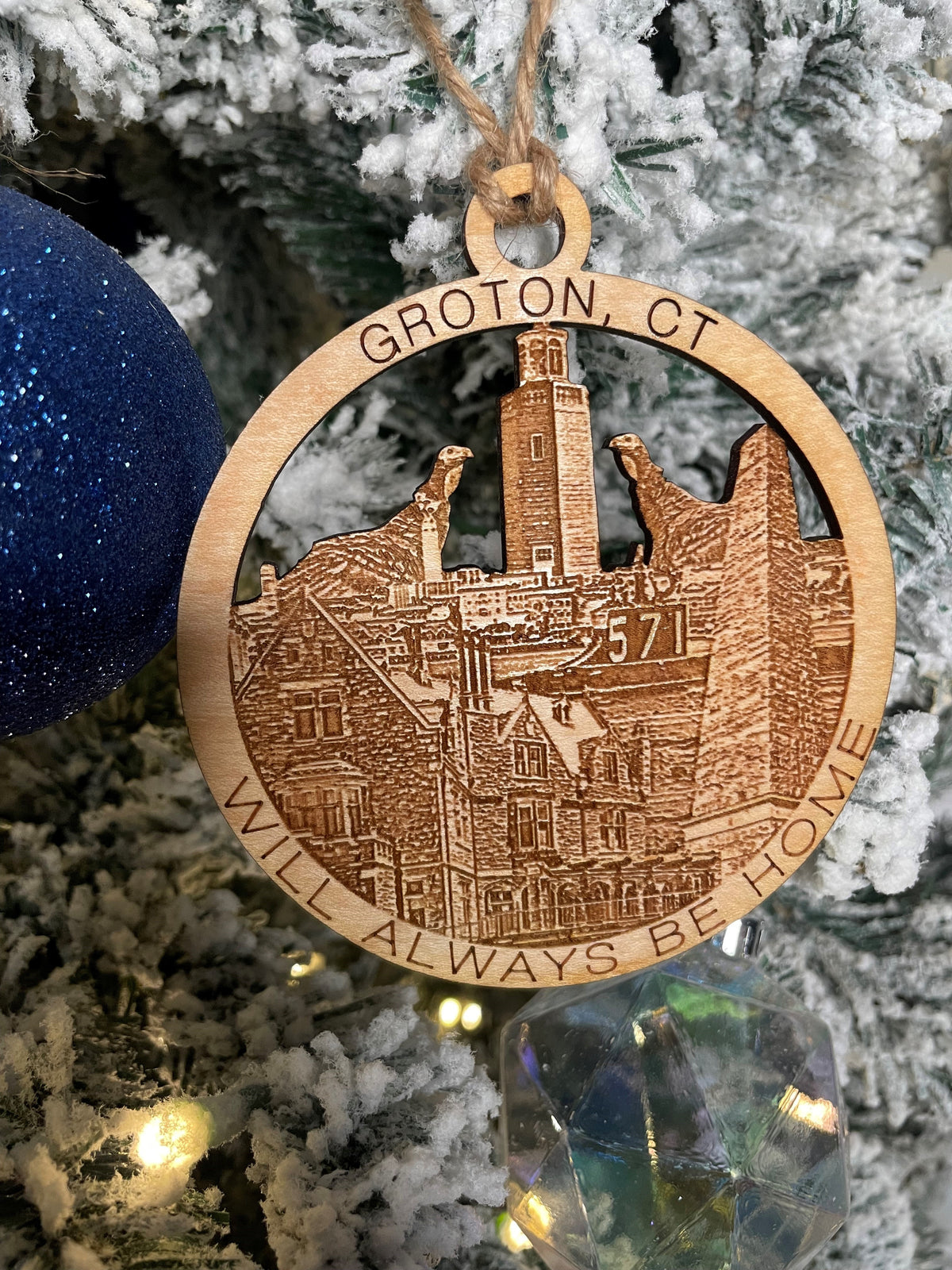 Groton, CT wood Christmas ornament featuring the USS Nautilus and Groton submarine base landmarks — handcrafted Connecticut hometown keepsake