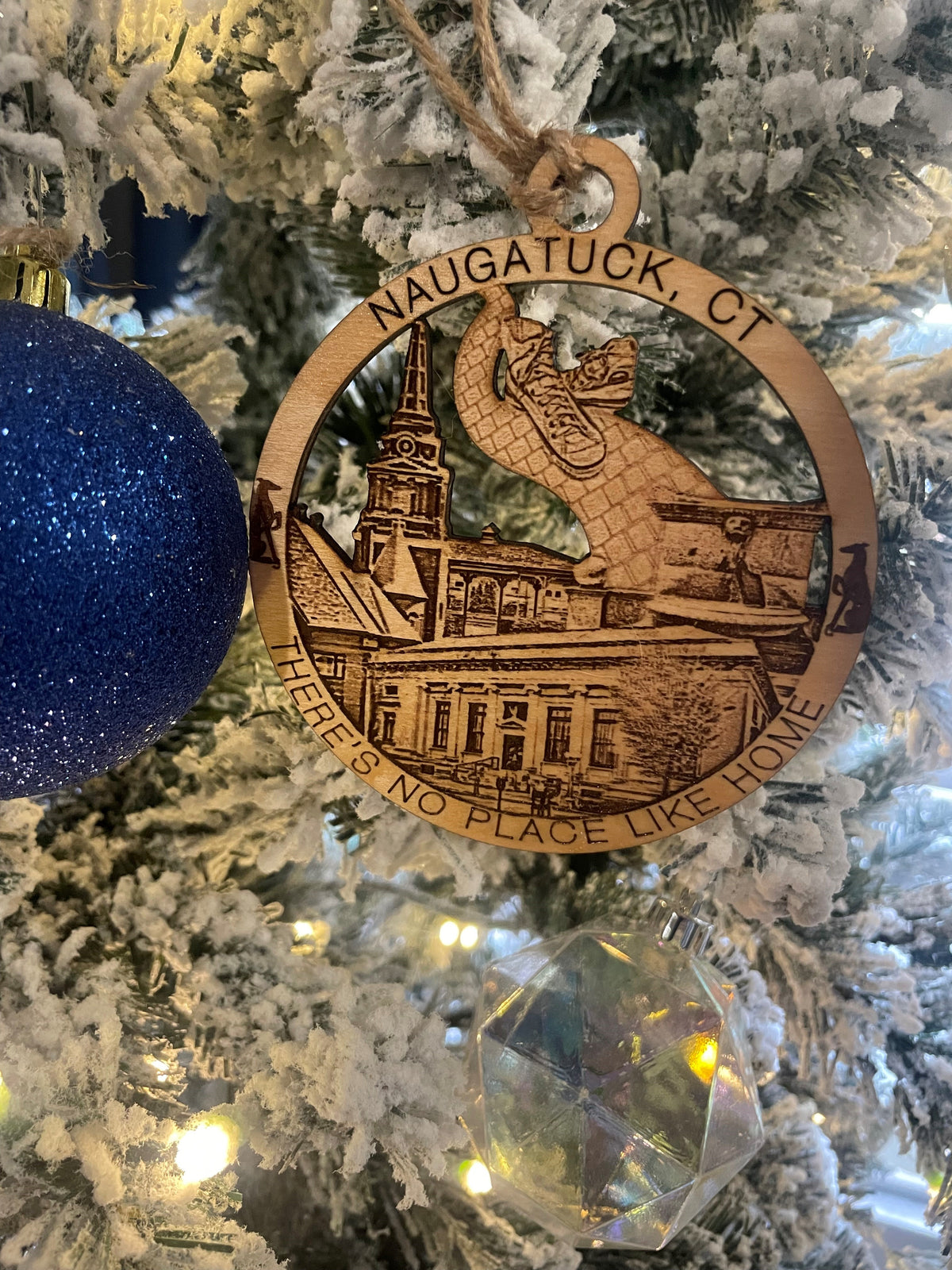 Naugatuck, CT wood Christmas ornament with ked sneaker design featuring Naugatuck landmarks — handcrafted Connecticut hometown keepsake