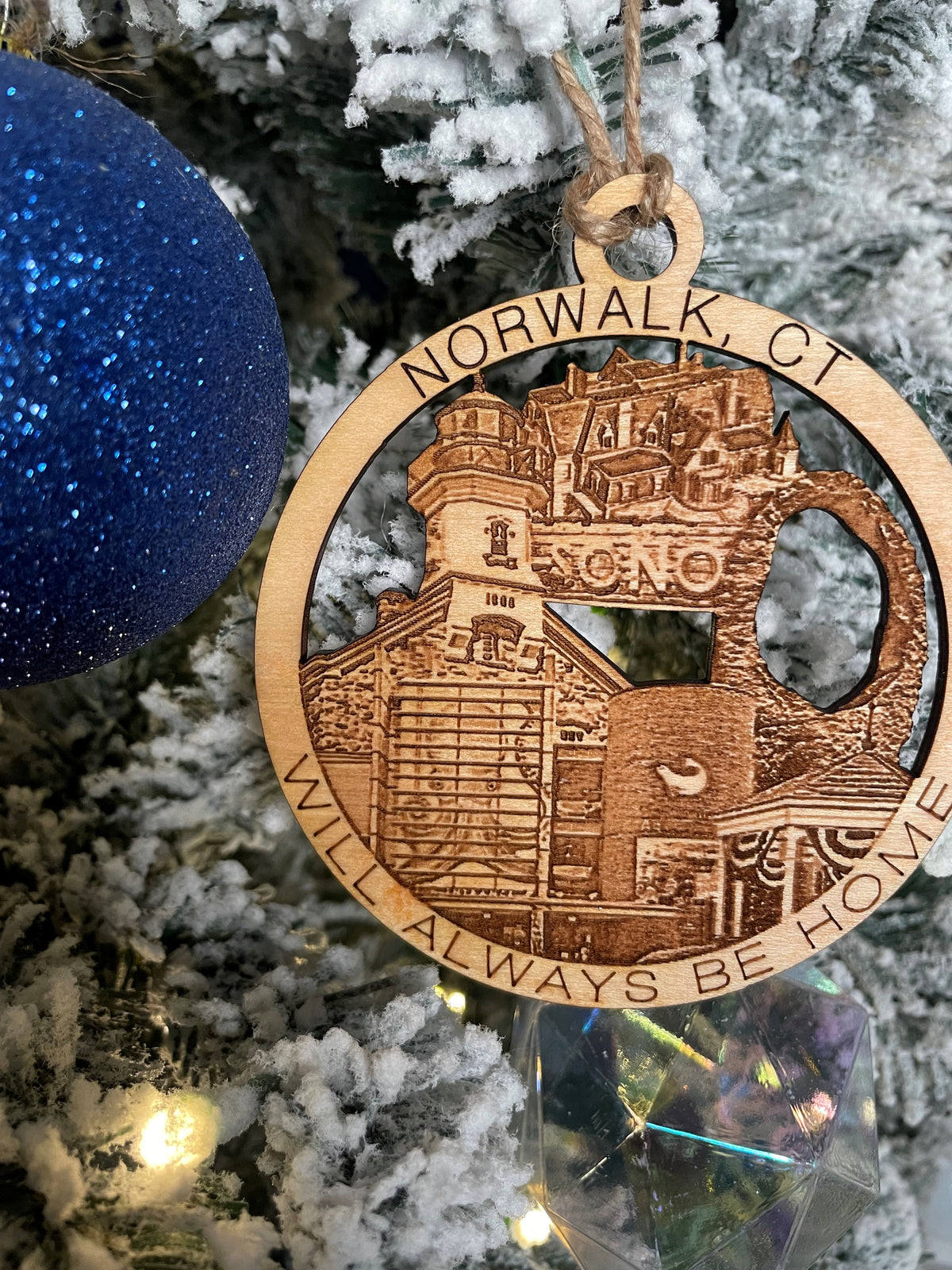 Norwalk, CT maple wood Christmas ornament featuring Sheffield Island Lighthouse and Norwalk landmarks — handcrafted Connecticut hometown keepsake