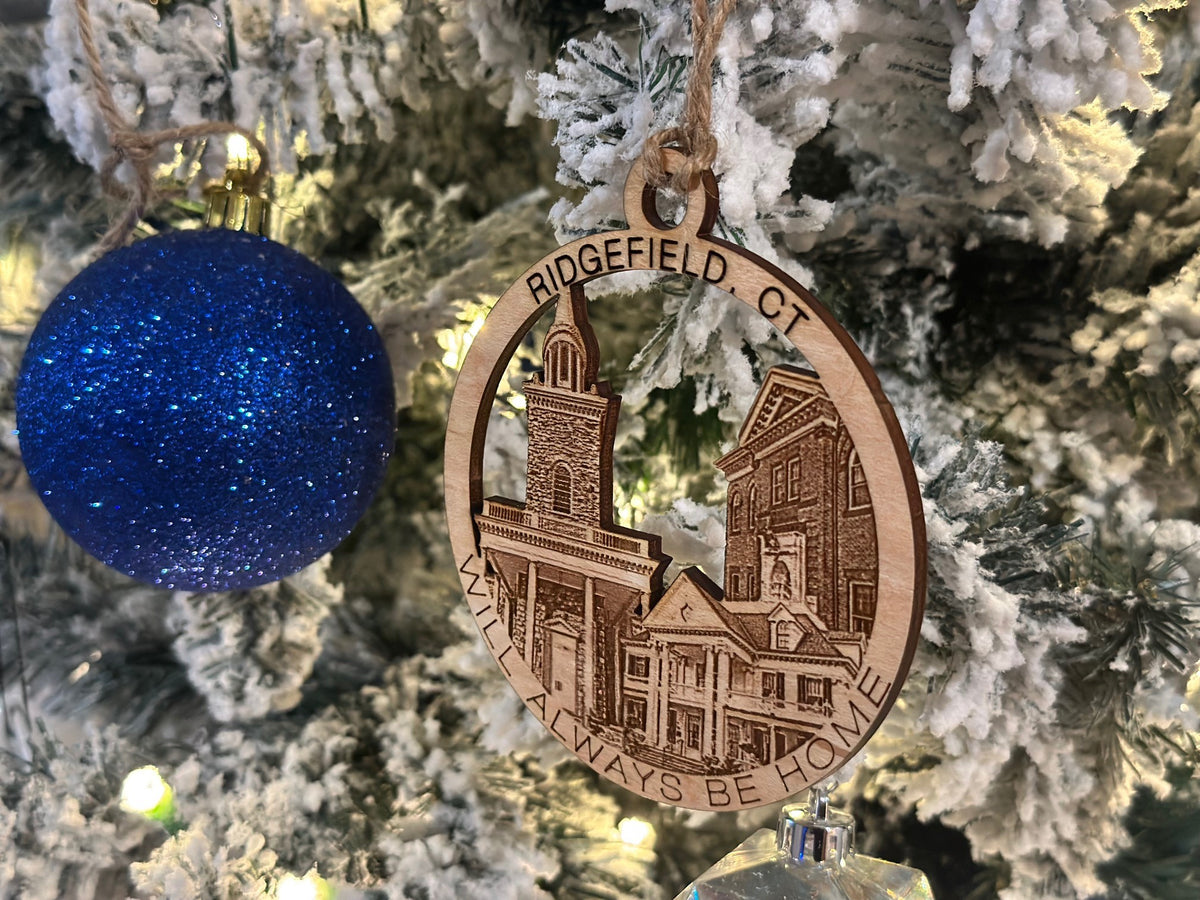 Ridgefield, CT Always Home ornament side view — handcrafted maple wood keepsake gift