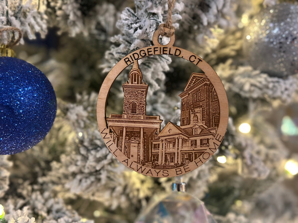 Ridgefield, CT maple wood Christmas ornament featuring Aldrich Contemporary Art Museum and Ridgefield landmarks — handcrafted Connecticut hometown keepsake