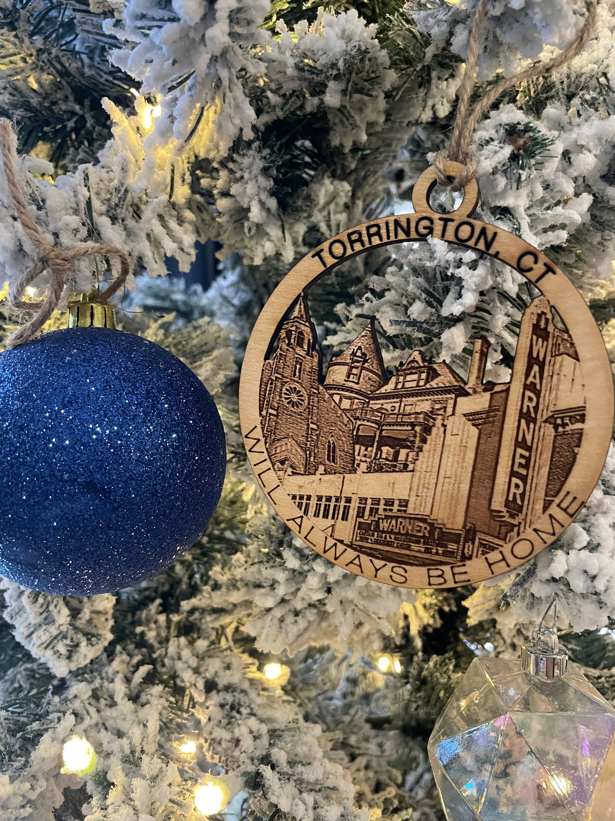 Torrington, CT maple wood Christmas ornament featuring Warner Theatre and Torrington landmarks — handcrafted Connecticut hometown keepsake