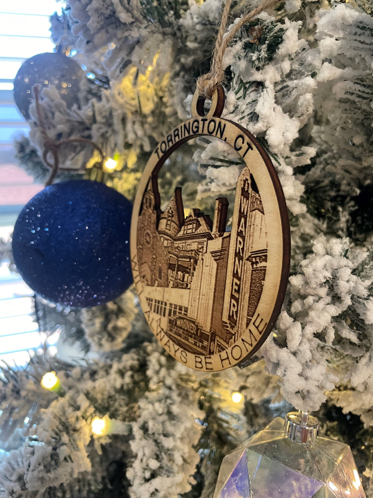 Torrington, CT Always Home ornament side view — handcrafted maple wood keepsake gift