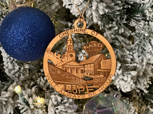 Cheshire, CT maple wood Christmas ornament featuring Cheshire landmarks — handcrafted Connecticut hometown keepsake
